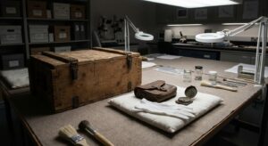 A conservator’s workspace holds a wartime-era crate and artifacts supported by archival materials and gloved hands in a museum lab.