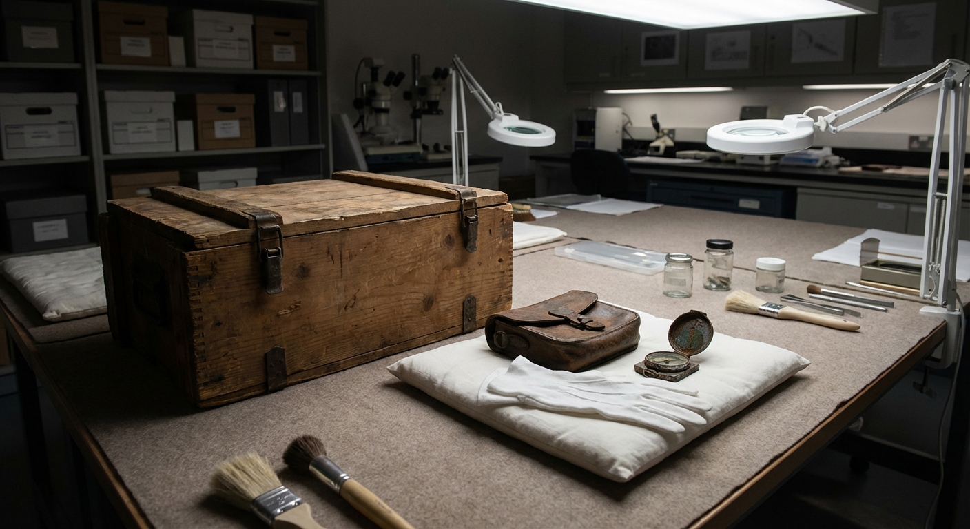 A conservator’s workspace holds a wartime-era crate and artifacts supported by archival materials and gloved hands in a museum lab.