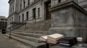 Stack of documents and folders placed on a bench outside a government building