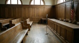 Empty courtroom with wooden benches, a witness stand microphone, and an American flag