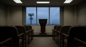 Empty conference room with rows of chairs facing a lectern, with a window showing a cellular tower outside