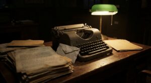 Vintage typewriter on a wooden desk with stacks of documents under a desk lamp