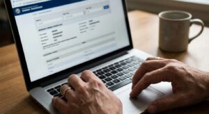 Hands using a laptop on a wooden desk with a document-filled screen and a coffee mug nearby