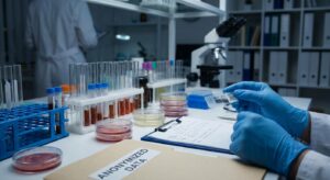 Laboratory workbench with test tubes, petri dishes, a microscope, and gloved hands holding labeled sample containers