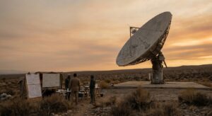 Large radio telescope dish in a desert landscape with people standing near measurement boards at sunset