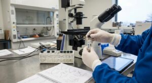Laboratory technician wearing gloves holding a labeled sample vial near a microscope on a workbench