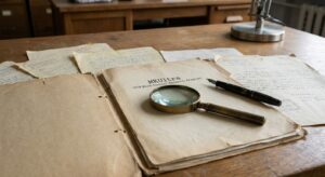 Declassified documents spread on a desk with reading glasses and a pen