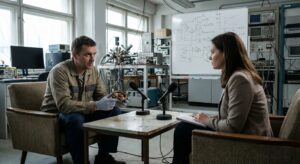 Two people seated in a laboratory setting during a recorded interview, with microphones on a table and technical equipment visible in the background
