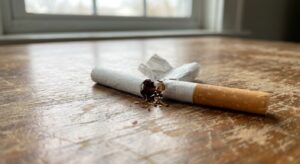 Broken cigarette lying on a wooden table with spilled tobacco