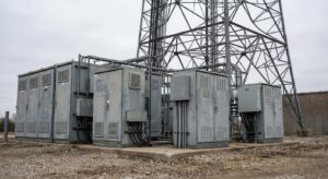 Electrical equipment cabinets and transformers installed at the base of a metal transmission tower on a gravel site