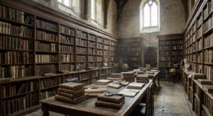 Large historic library interior with wooden bookshelves filled with old books, long tables stacked with manuscripts, and arched windows