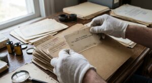 Gloved hands examining an archival file folder on a desk with stacks of documents