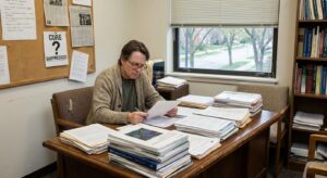 Person seated at a desk reading documents, surrounded by stacks of papers, bookshelves, and a bulletin board in an office