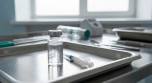 Glass vial and syringe placed on a metal medical tray inside a clinical room