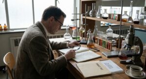 Scientist examining notes at a laboratory desk with glassware and a microscope