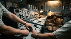 Two people operating analog recording and control equipment in a control room with monitors and tape machines