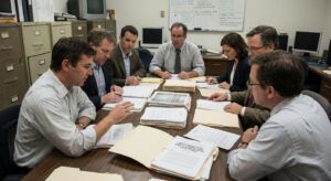 Group of people reviewing documents during a meeting in an office