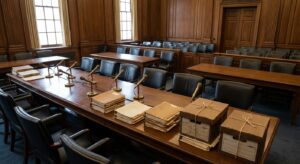 Empty hearing room with wooden tables, microphones, chairs, and stacks of documents