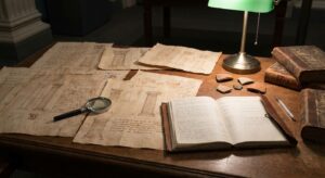 Desk with ancient manuscripts, handwritten notes, books, pottery fragments, and a magnifying glass under a lamp