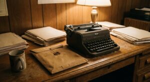 Vintage typewriter on a wooden desk with stacks of documents under a desk lamp