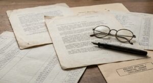 Declassified documents spread on a desk with reading glasses and a pen