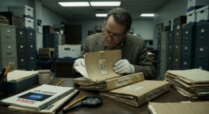 Man wearing gloves reviewing archival folders labeled “Project Apollo” at a desk in a records room