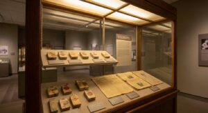 Museum display showing historical cigarette packs, newspapers, and documents related to the tobacco industry