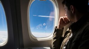 Passenger looking out of an airplane window at another aircraft leaving white contrails