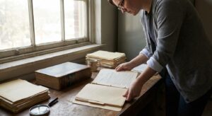 Person reviewing stacks of documents on a wooden desk near a window