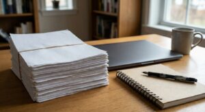 Stack of printed papers tied with string on a wooden desk beside a closed laptop, a notebook, a pen, and a coffee mug