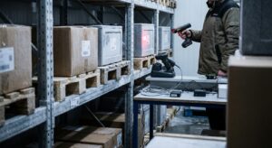 Warehouse shelving with stacked boxes while a worker scans package labels using a handheld barcode scanner