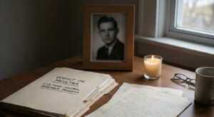 Stack of documents labeled “MKUltra” on a desk beside a framed photograph and a lit candle