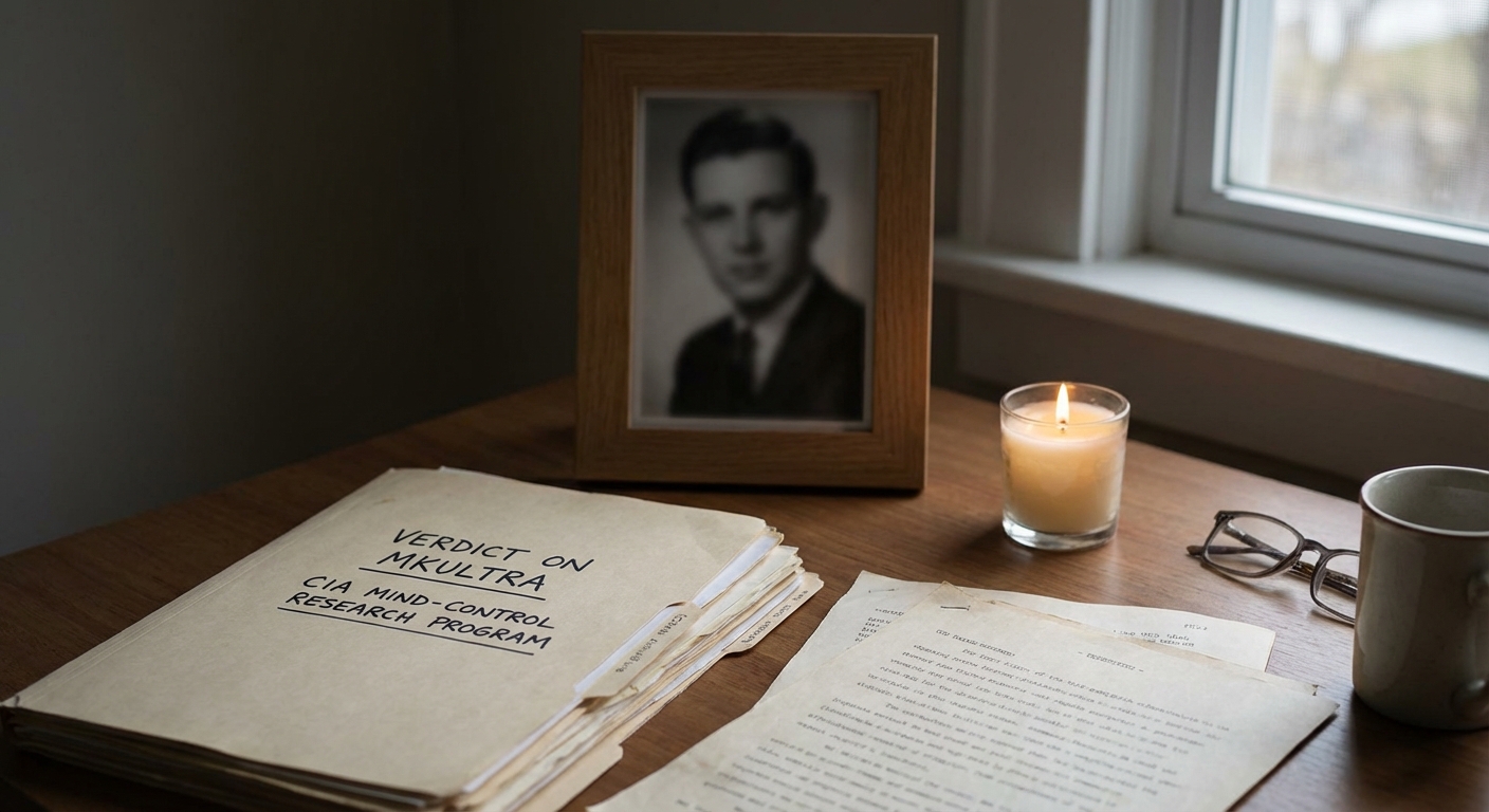 Stack of documents labeled “MKUltra” on a desk beside a framed photograph and a lit candle