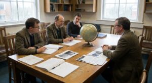 Group of people seated around a table reviewing documents with a globe placed in the center
