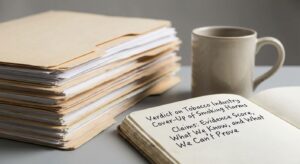 Stack of documents and notebook illustrating investigation into tobacco industry cover-up of smoking harms