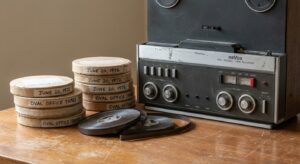 Reel-to-reel tape recorder with labeled Oval Office tapes dated June 20, 1972 on a wooden table