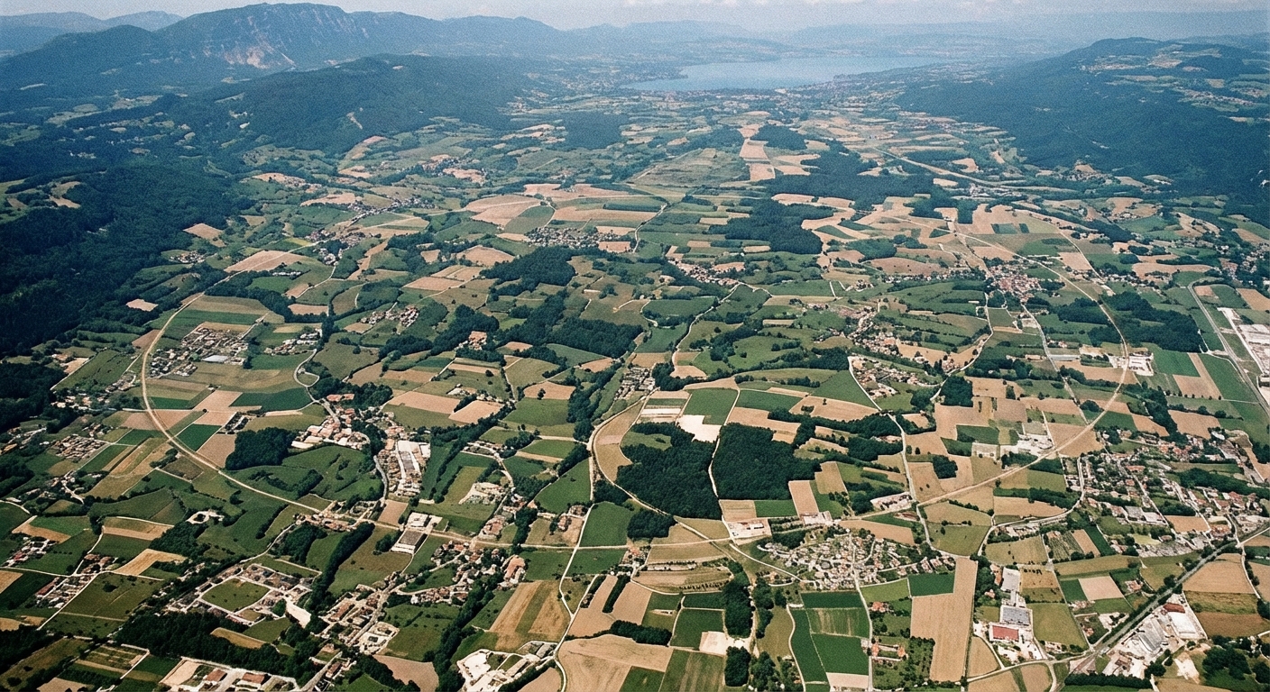 Aerial landscape showing countryside and a long circular tunnel path suggesting a large underground ring.