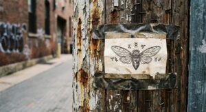 Utility pole with a small, worn poster featuring an insect illustration, urban street background.