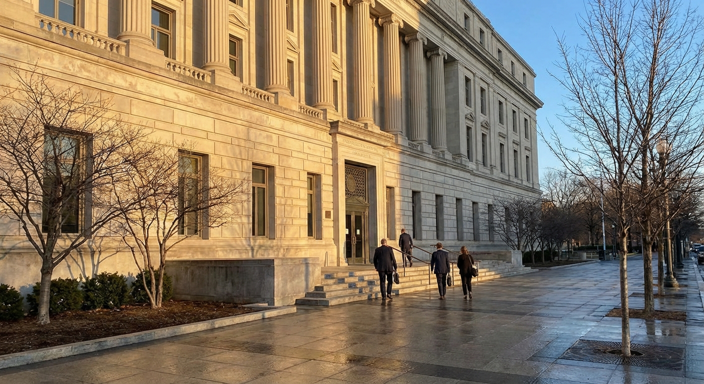 People enter a courthouse at morning light, representing legal action and litigation related to false claims.