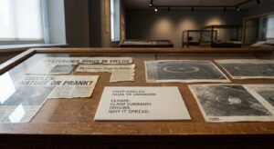 Museum-style exhibit table with newspaper clippings and vintage photos documenting early crop formations.