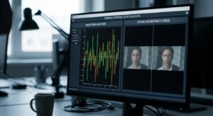 Close-up of a forensic analysis tool on a monitor with waveform and video frames, hands out of focus.