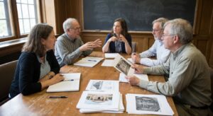 Panel of academics in discussion around a table, papers and notebooks visible, candid conference atmosphere.