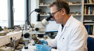 Conservator performing detailed material analysis on a small carved artifact in a lab setting.