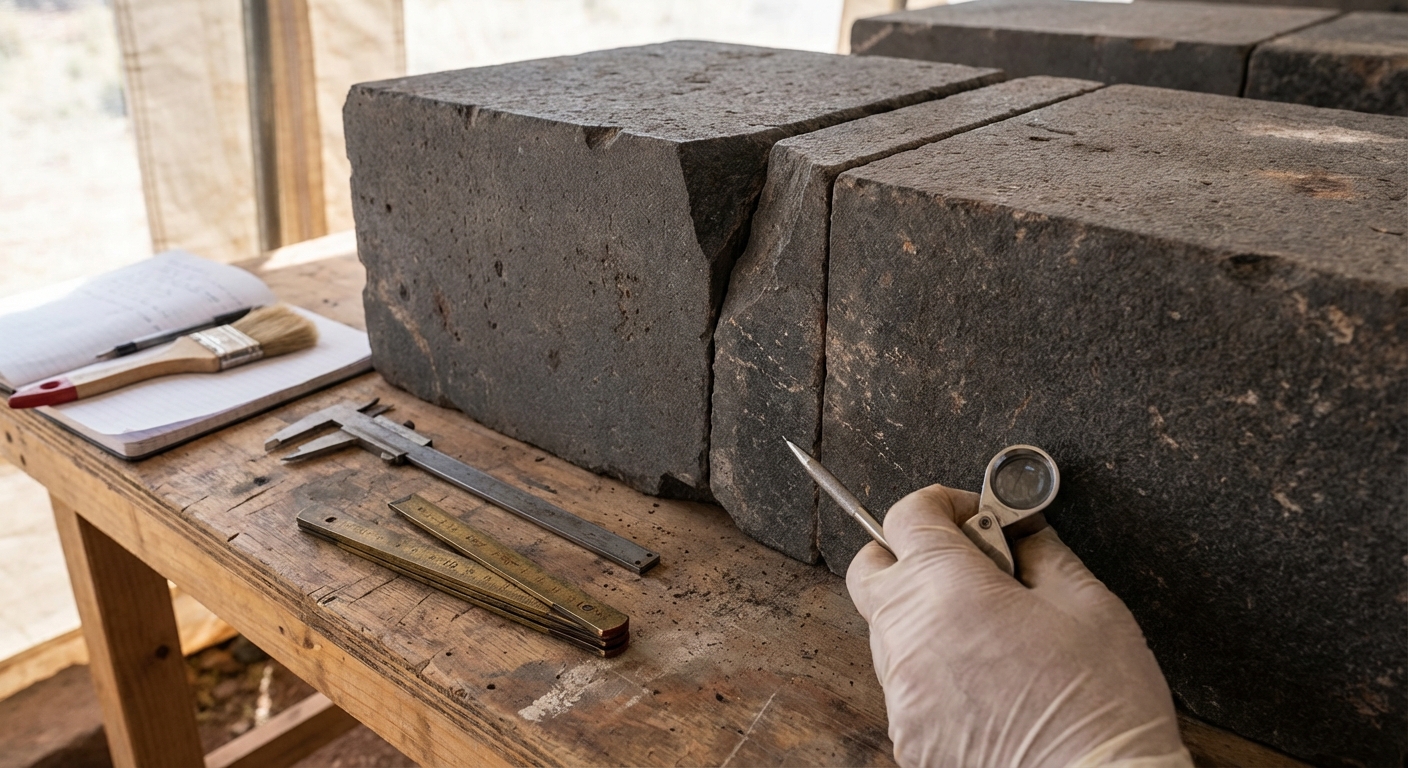 Conservator examining finely cut andesite stone blocks and precise joints with measurement tools nearby.