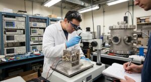 Researcher inspects an asymmetric capacitor experiment and vacuum chamber in a neutral laboratory scene.