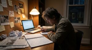 Researcher at a cluttered desk late at night with blurred documents and a laptop, focused investigative scene.