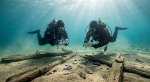 Underwater archaeology team documenting a shallow submerged prehistoric site with artifacts.