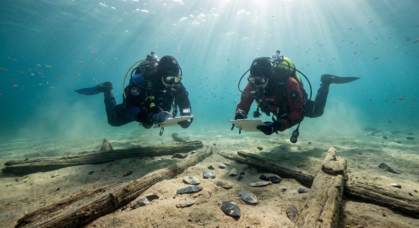 Underwater archaeology team documenting a shallow submerged prehistoric site with artifacts.