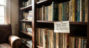 Bookshelf packed with vintage magazines and popular books about maritime mysteries and the Bermuda Triangle era.