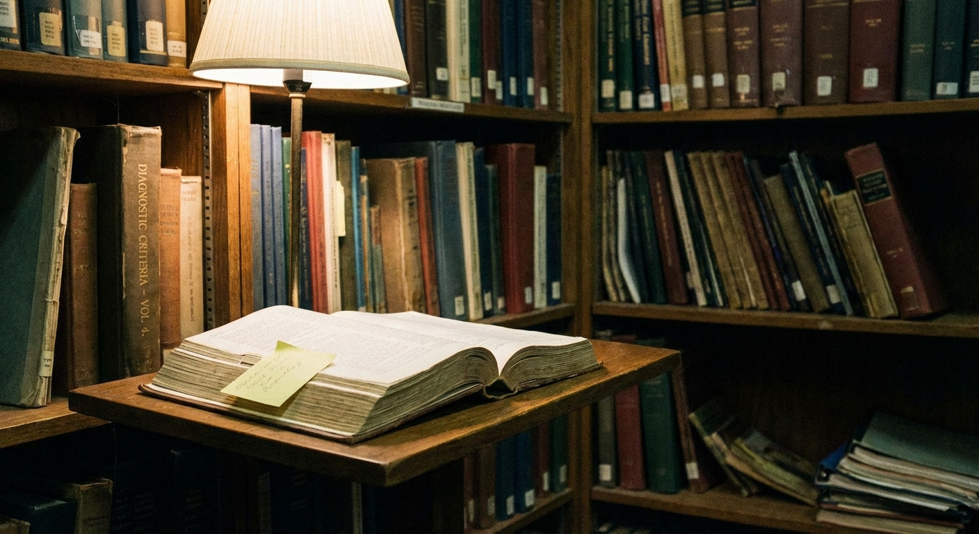 Medical library shelf with diagnostic manuals and an open book on a table; neutral, documentary composition.